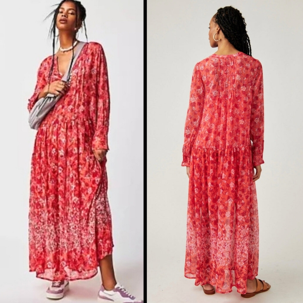 Free People See it Through Floral Long Sleeve Maxi Dress Coral Combo Flowy Sz S